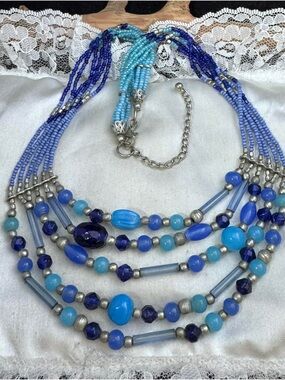 Layered Blue Beaded Multi-Strand Necklace - Bo Ho Style.
